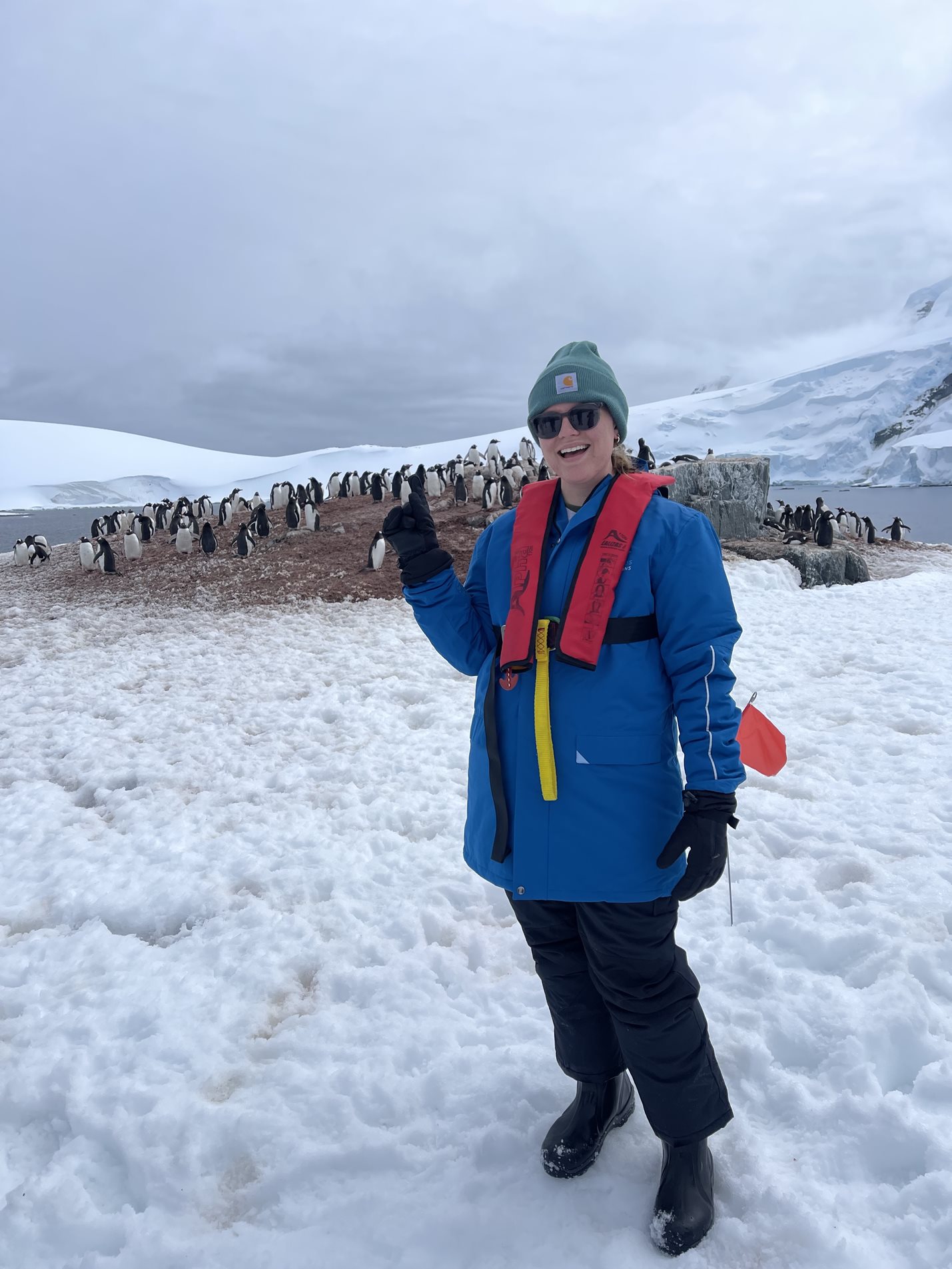 A woman standing in front of penguins in Antarctica