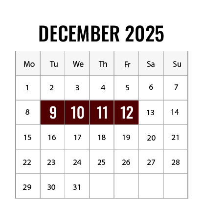 December 2025 calendar showing Medallion pick up dates for Dec 9-12